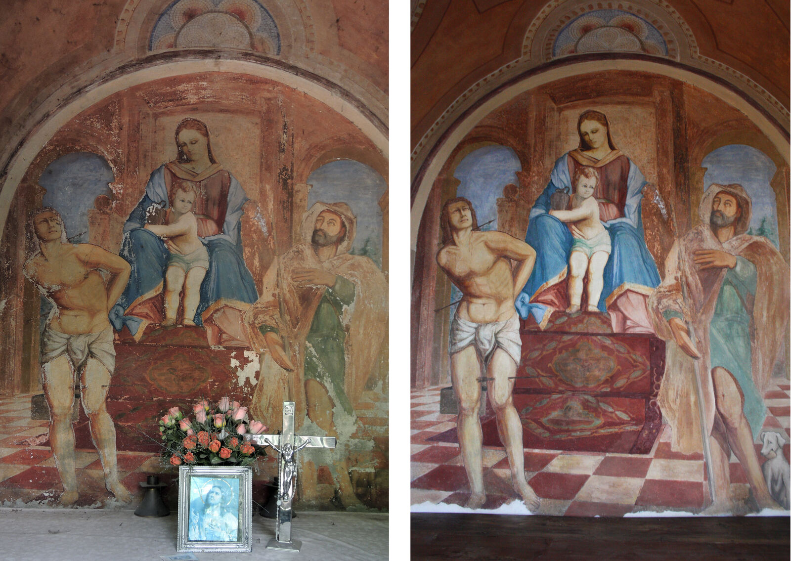 Confronto prima e dopo il restauro di un affresco d'altare con Madonna col Bambino e due santi