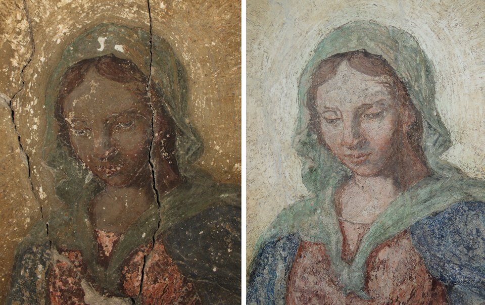 Confronto prima e dopo il restauro di un dipinto murale raffigurante una figura femminile con velo